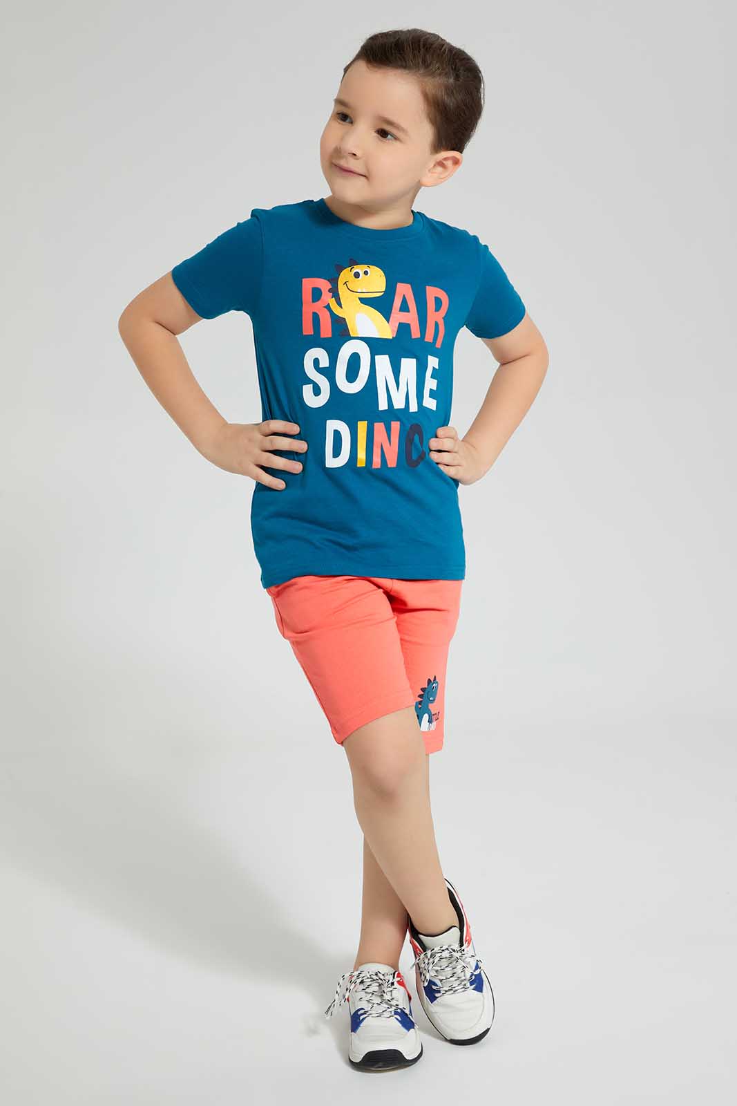 Redtag-Navy-Roarsome-Print-T-Shirt-And-Short-Set-Sets-Boys-2 to 8 Years