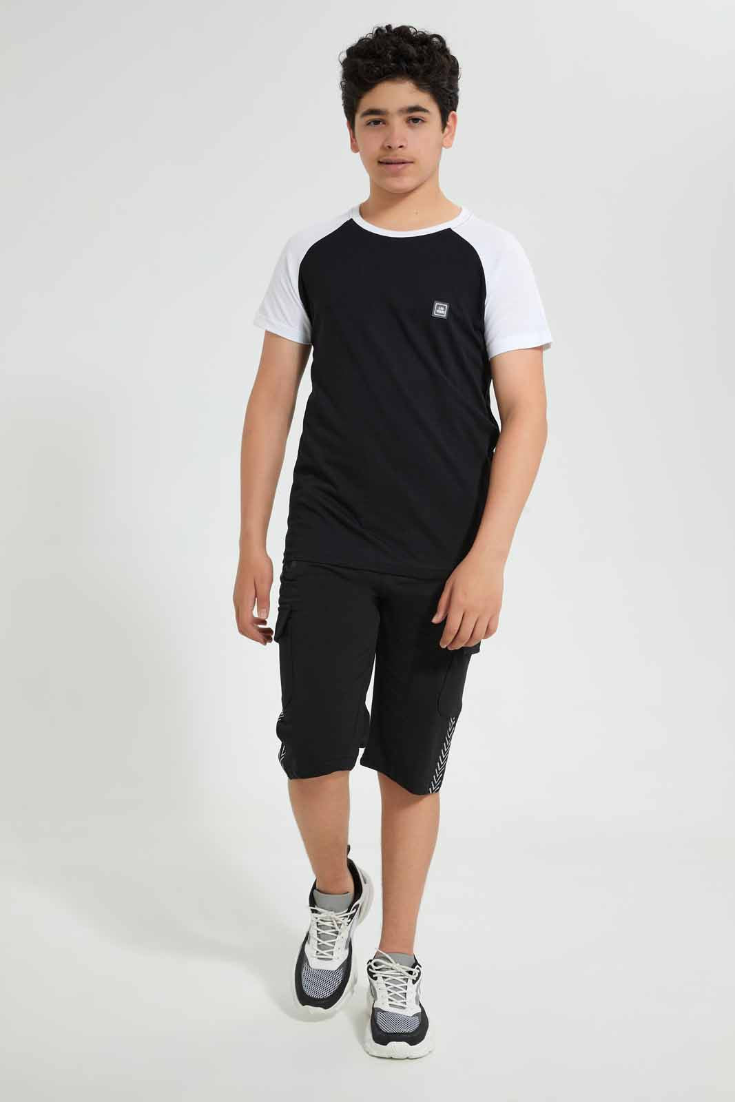 Redtag-Black-Raglan-T-Shirt-Embellished-T-Shirts-Senior-Boys-9 to 14 Years