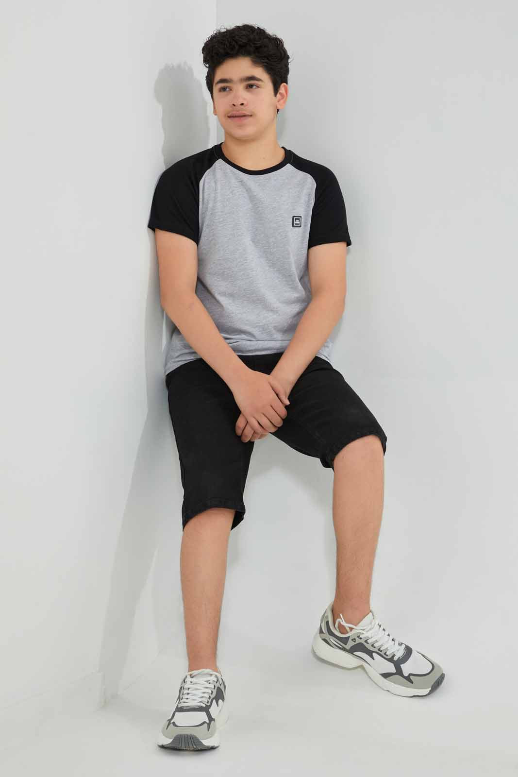 Redtag-Grey-Melange-Raglan-T-Shirt-Embellished-T-Shirts-Senior-Boys-9 to 14 Years