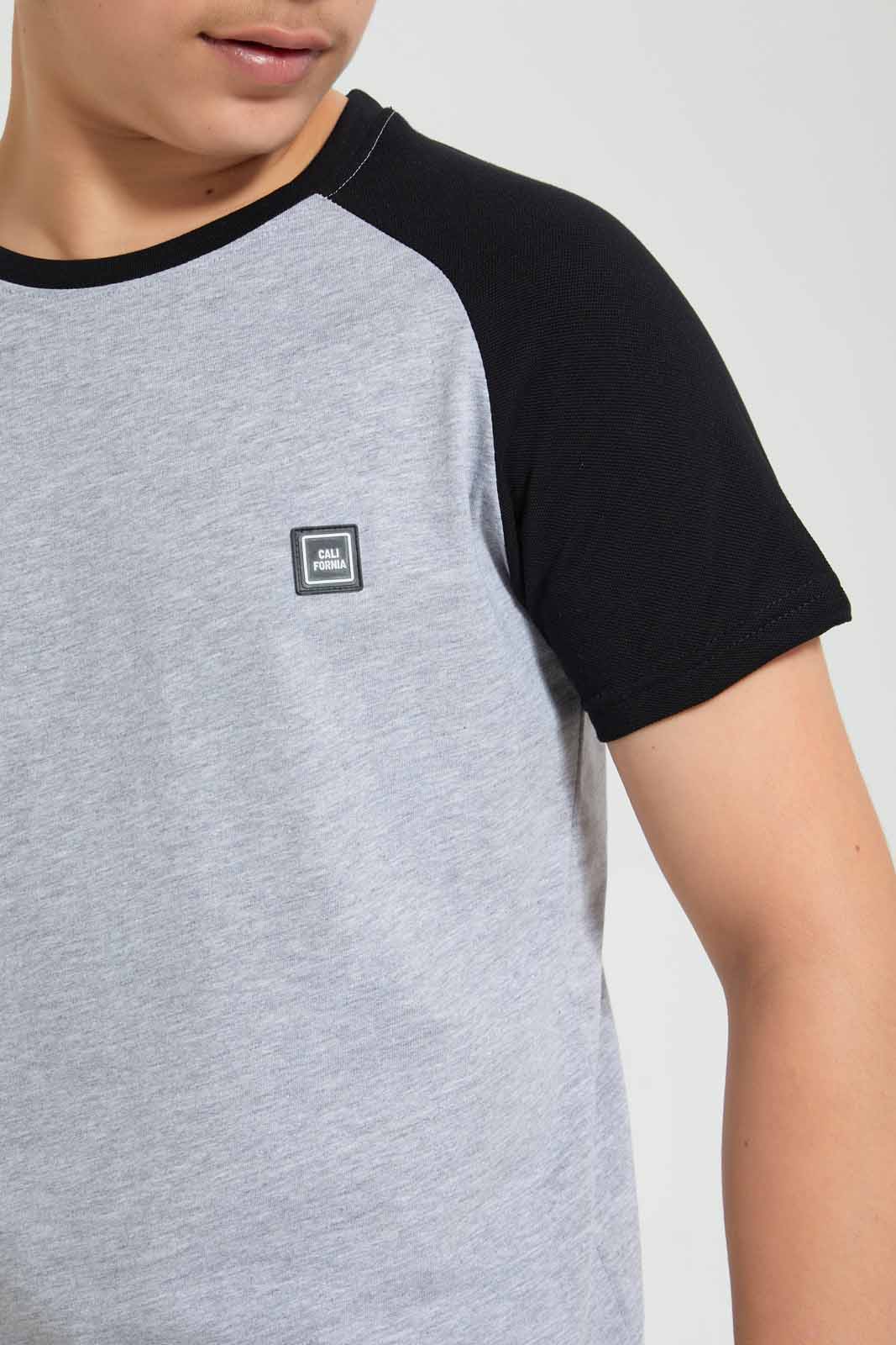 Redtag-Grey-Melange-Raglan-T-Shirt-Embellished-T-Shirts-Senior-Boys-9 to 14 Years