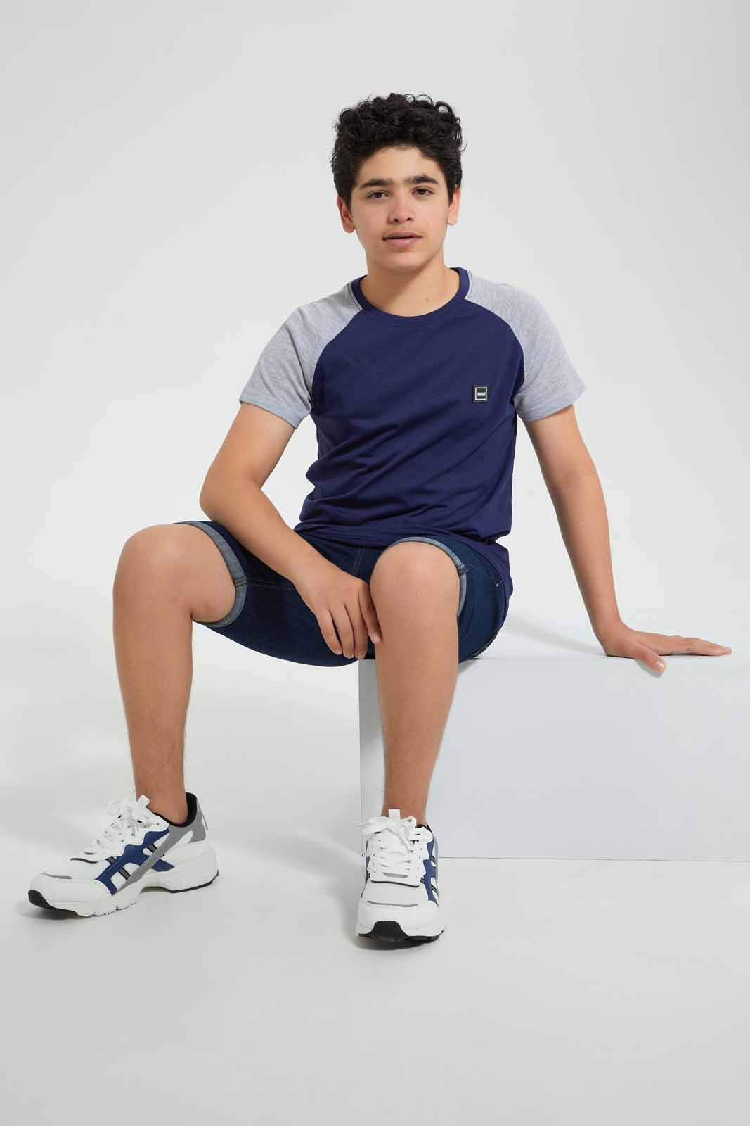 Redtag-Navy-Raglan-T-Shirt-Embellished-T-Shirts-Senior-Boys-9 to 14 Years