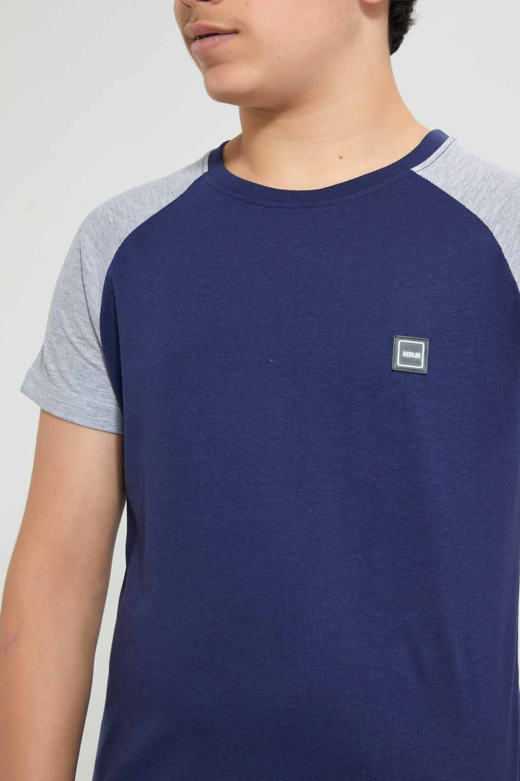Redtag-Navy-Raglan-T-Shirt-Embellished-T-Shirts-Senior-Boys-9 to 14 Years