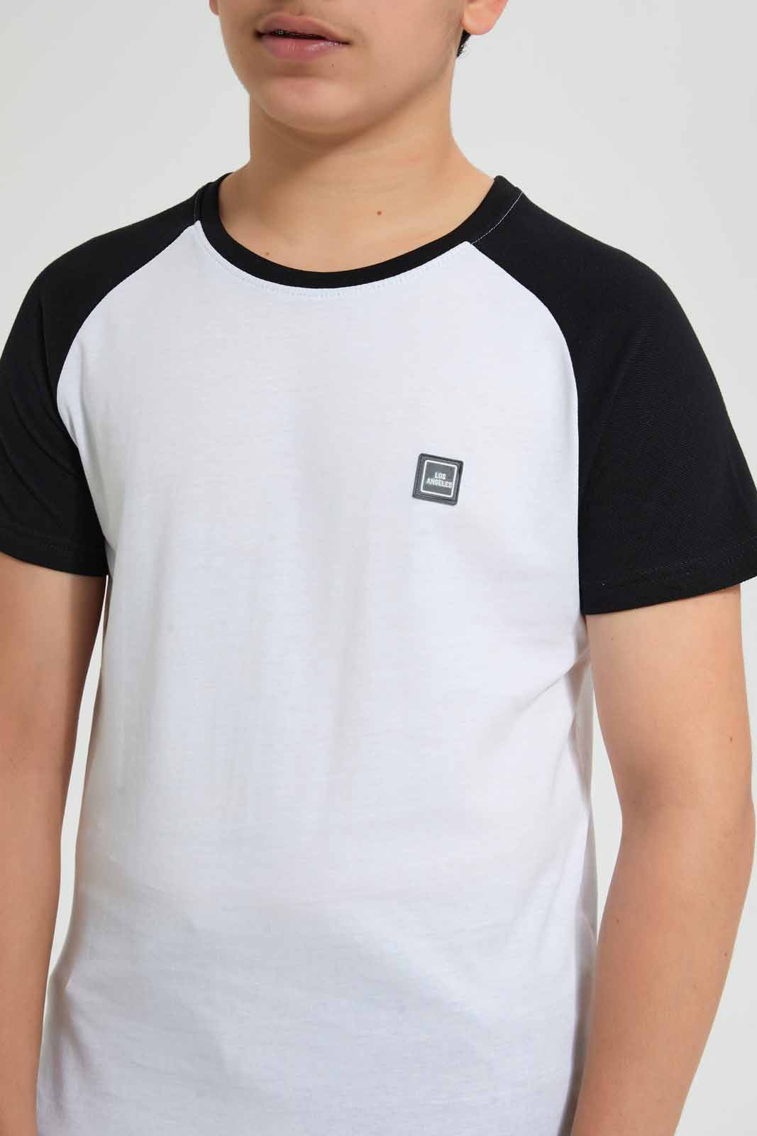 Redtag-White-Raglan-T-Shirt-Embellished-T-Shirts-Senior-Boys-9 to 14 Years