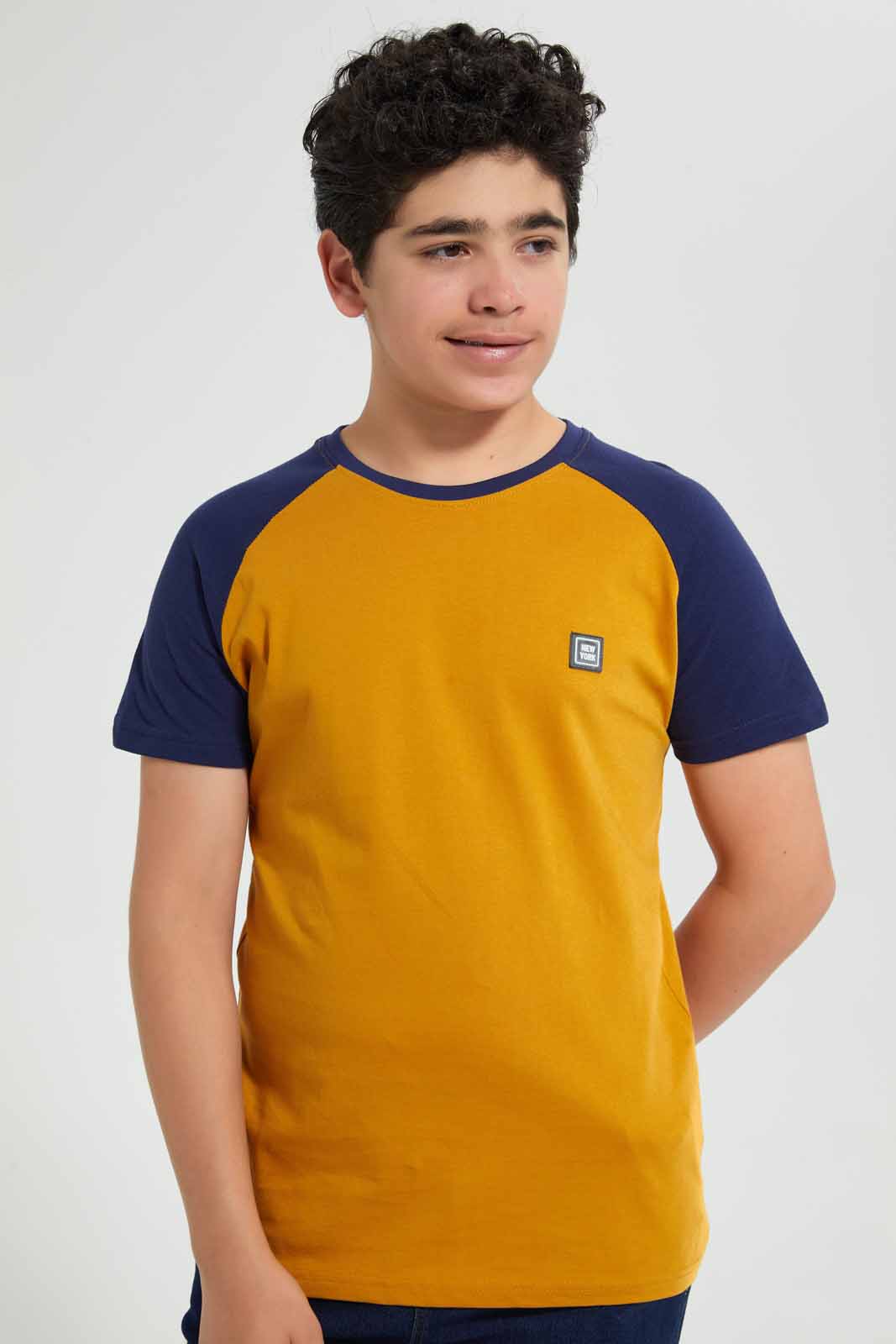 Redtag-Mustard-Raglan-T-Shirt-Embellished-T-Shirts-Senior-Boys-9 to 14 Years