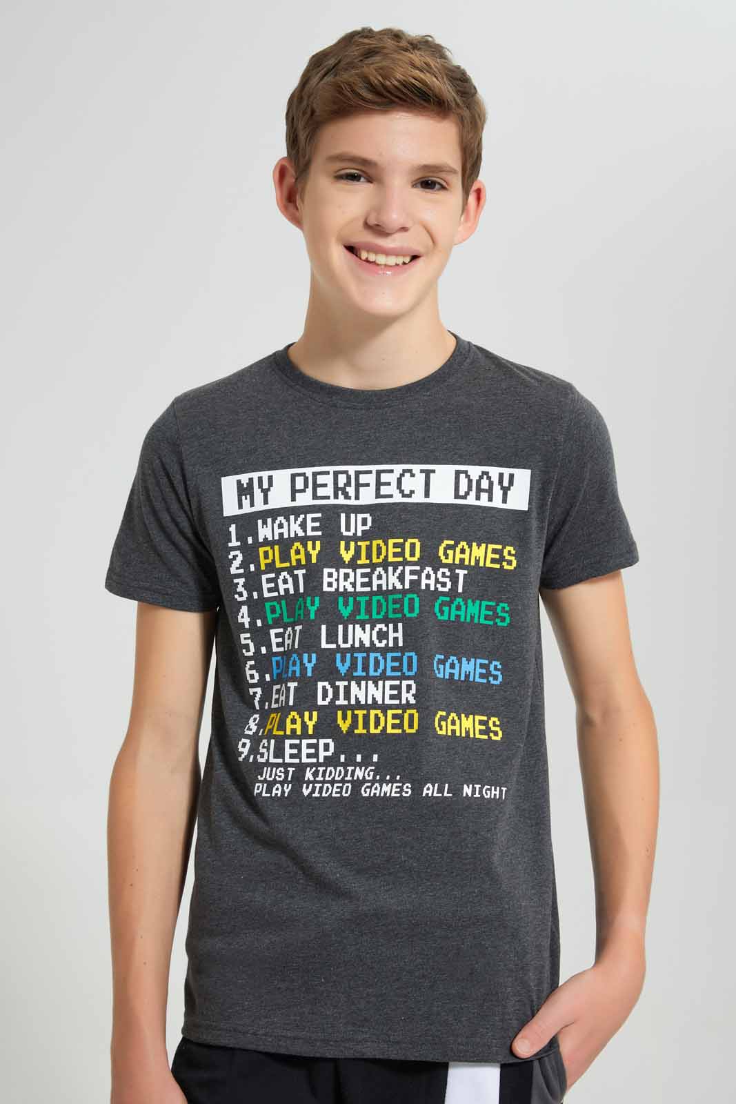 Redtag-Charcoal-Perfect-Day-T-Shirt-Graphic-T-Shirts-Senior-Boys-9 to 14 Years