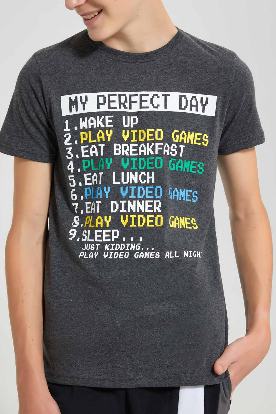 Redtag-Charcoal-Perfect-Day-T-Shirt-Graphic-T-Shirts-Senior-Boys-9 to 14 Years