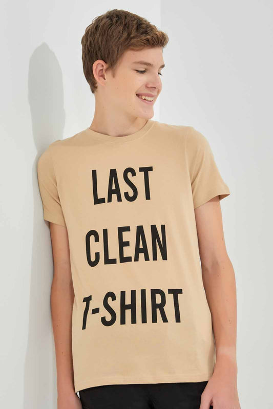 Redtag-Beige-Clean-T-Shirt-Graphic-T-Shirts-Senior-Boys-9 to 14 Years