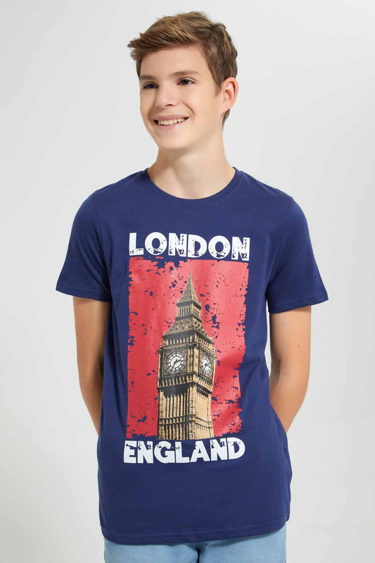 Redtag-Navy-London-England-T-Shirt-Graphic-T-Shirts-Senior-Boys-9 to 14 Years