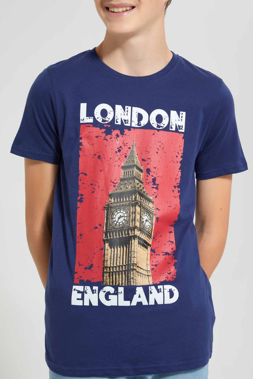 Redtag-Navy-London-England-T-Shirt-Graphic-T-Shirts-Senior-Boys-9 to 14 Years