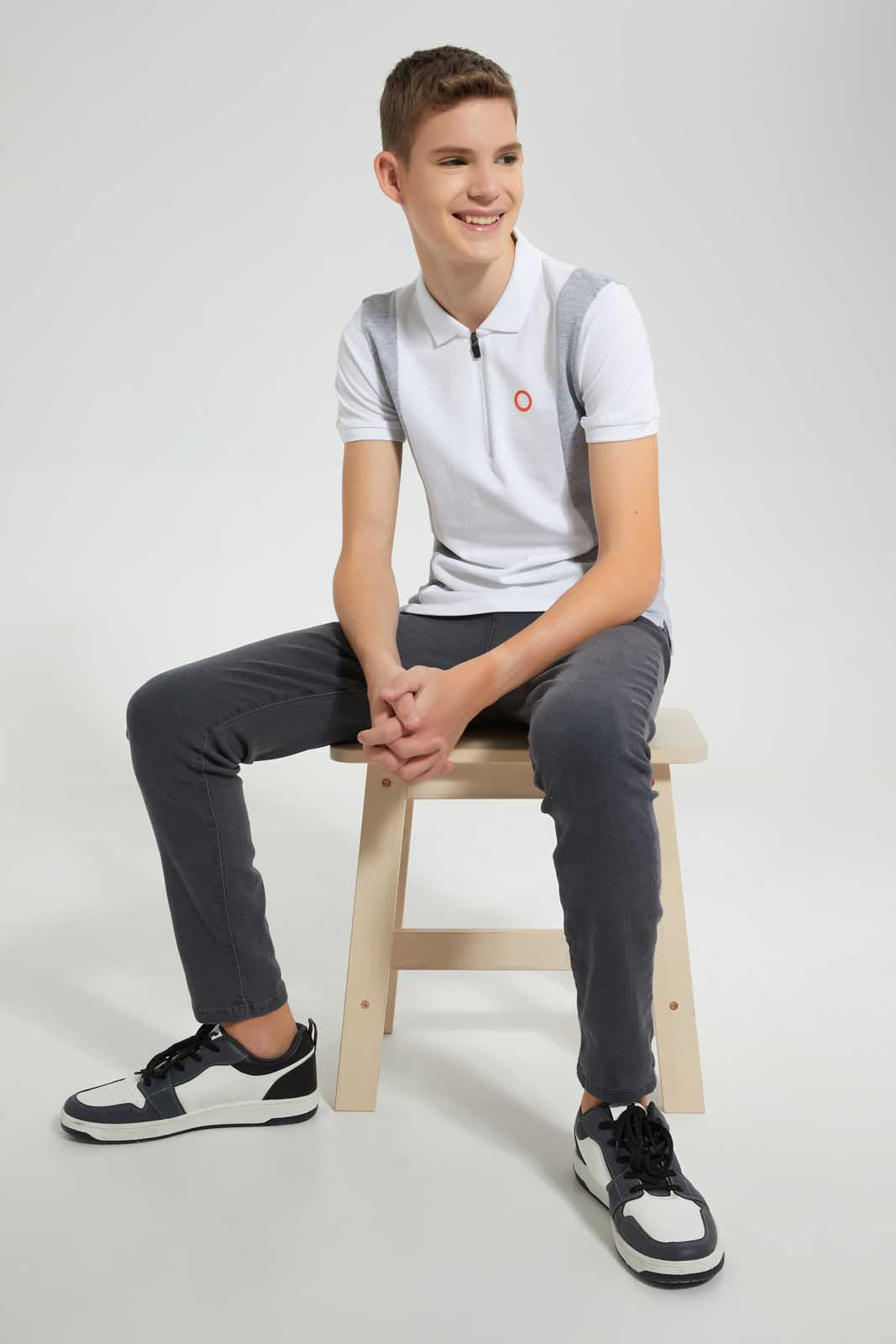 Redtag-White-/Grey-Melange-Color-Block-Zip-Placket-Polo-Polo-Shirts-Senior-Boys-9 to 14 Years