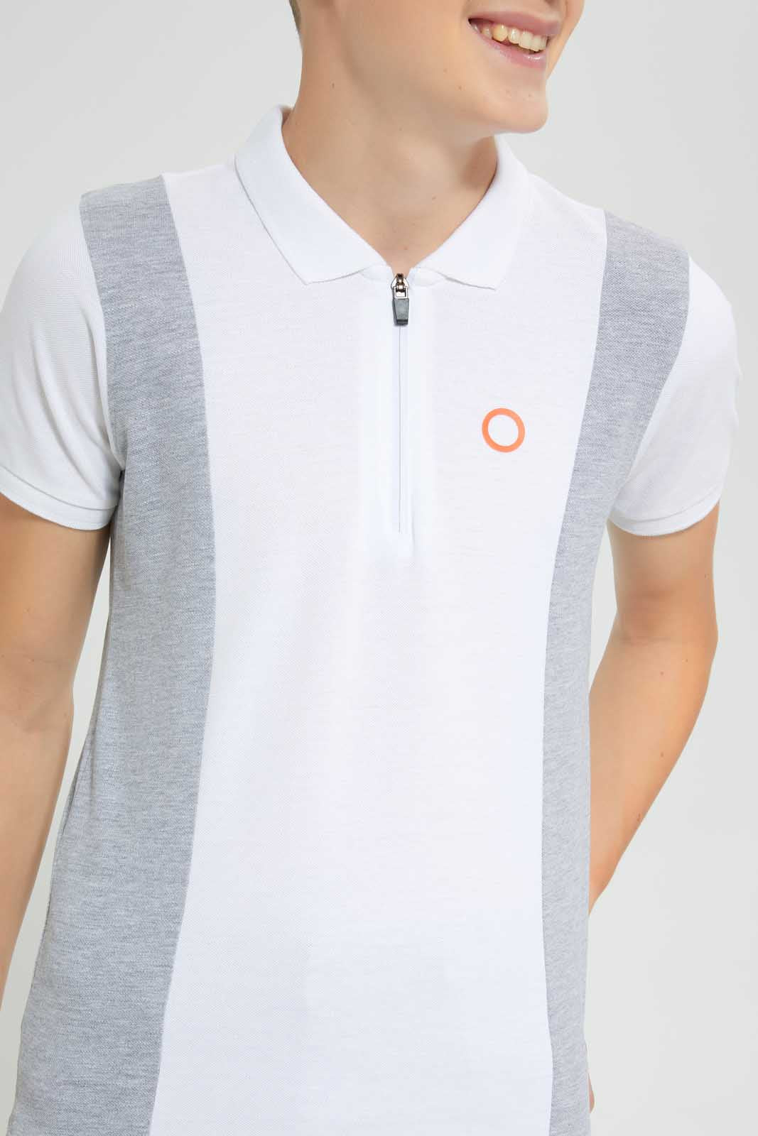 Redtag-White-/Grey-Melange-Color-Block-Zip-Placket-Polo-Polo-Shirts-Senior-Boys-9 to 14 Years