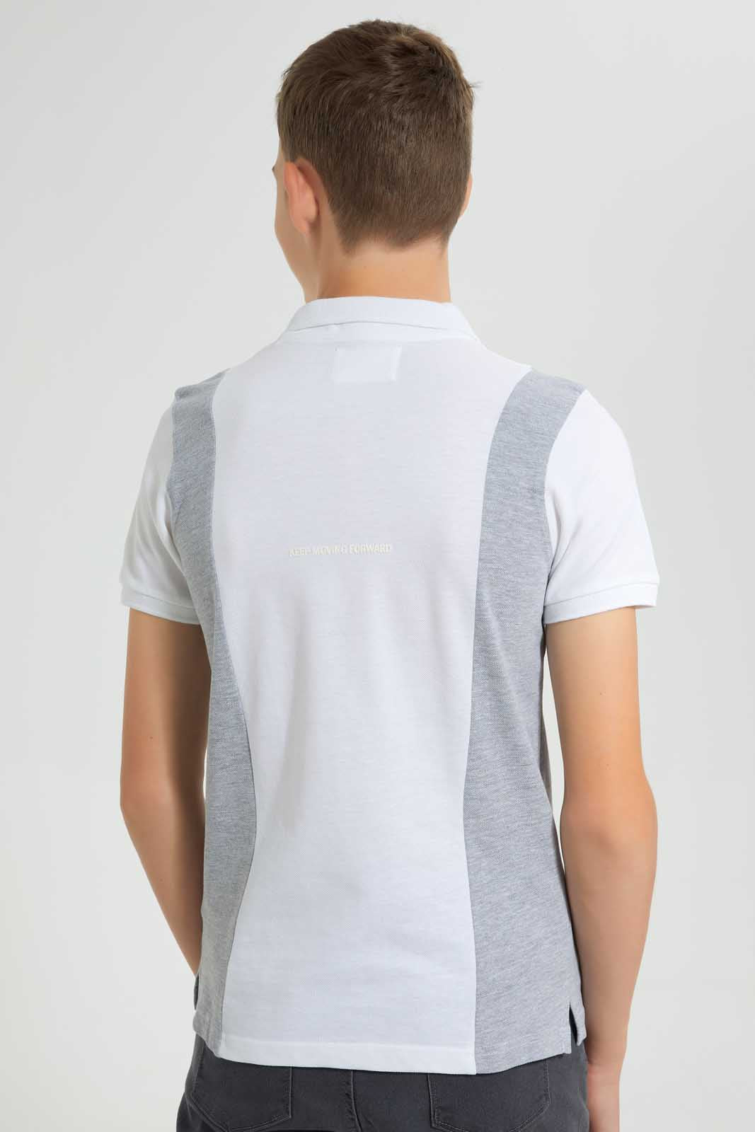 Redtag-White-/Grey-Melange-Color-Block-Zip-Placket-Polo-Polo-Shirts-Senior-Boys-9 to 14 Years