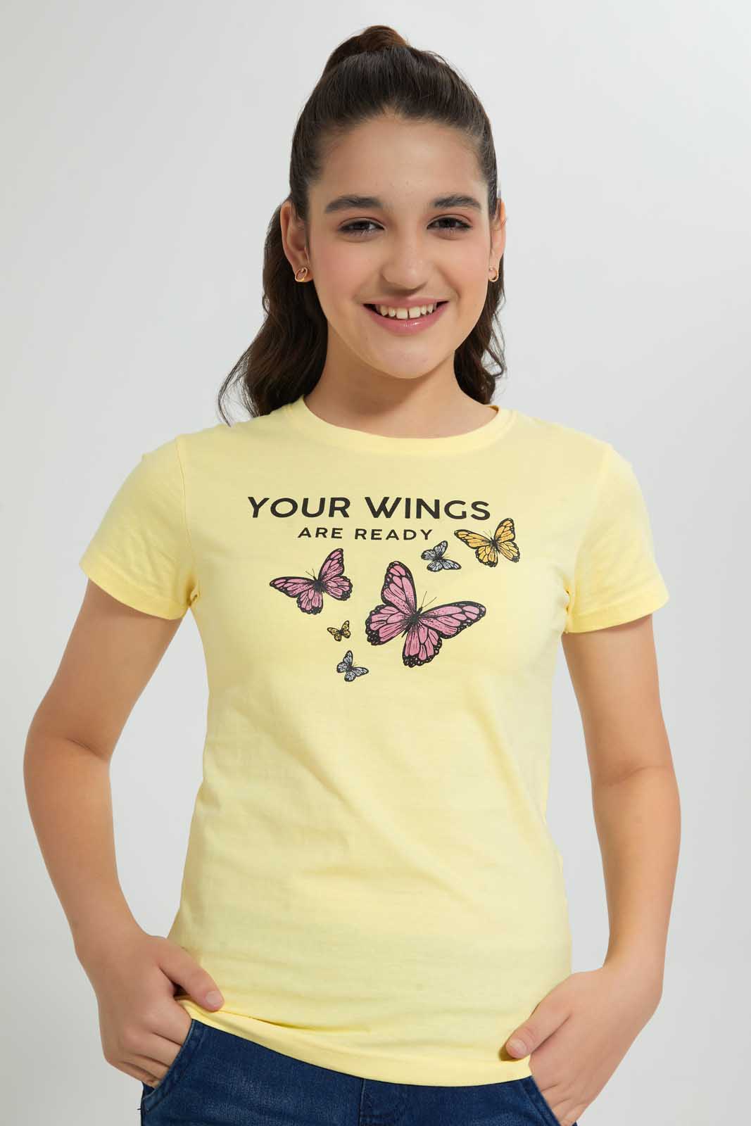 Redtag-Yellow-Basic-T-Shirt-Graphic-T-Shirts-Senior-Girls-9 to 14 Years
