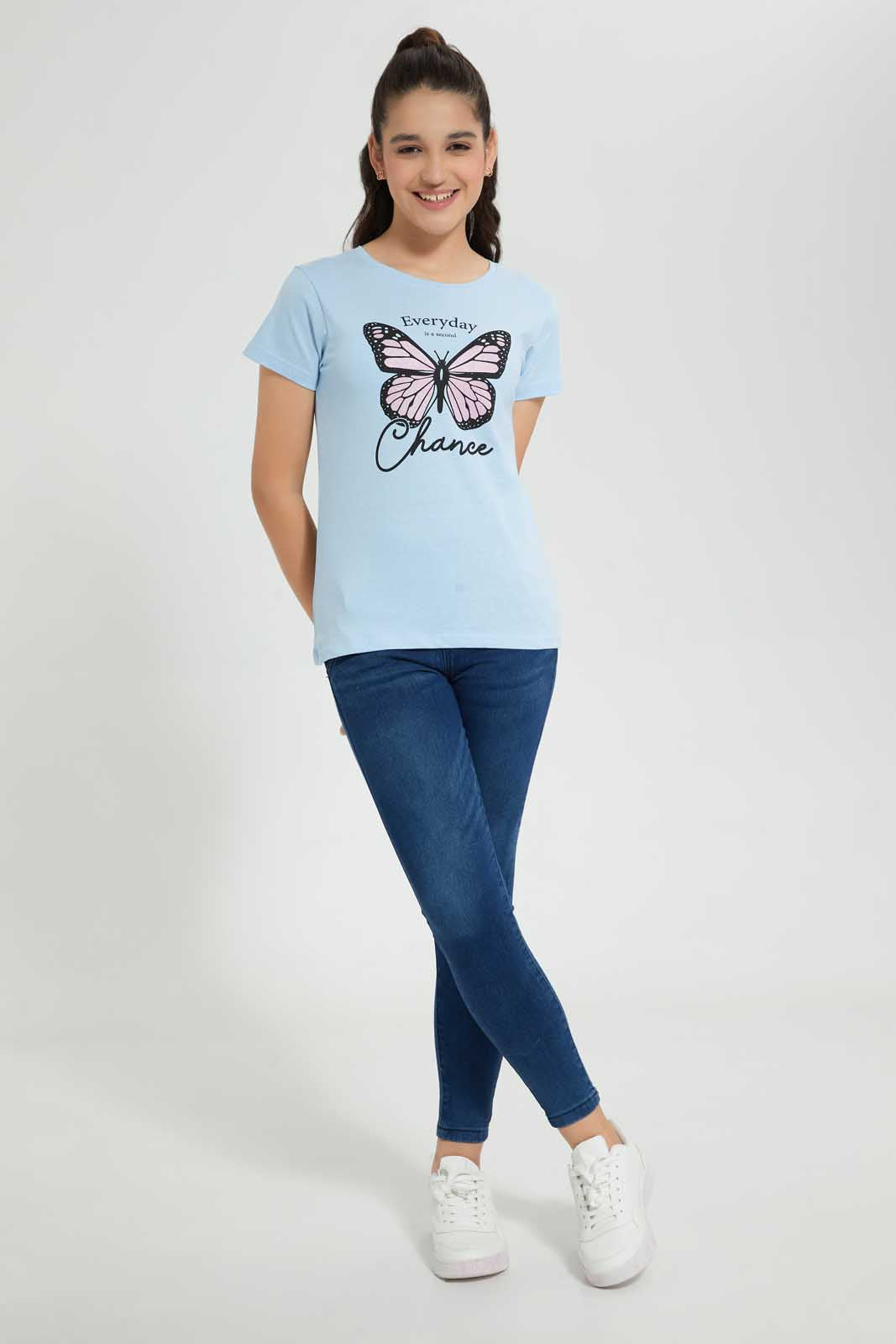 Redtag-Lt-Blue-Basic-T-Shirt-Graphic-T-Shirts-Senior-Girls-9 to 14 Years