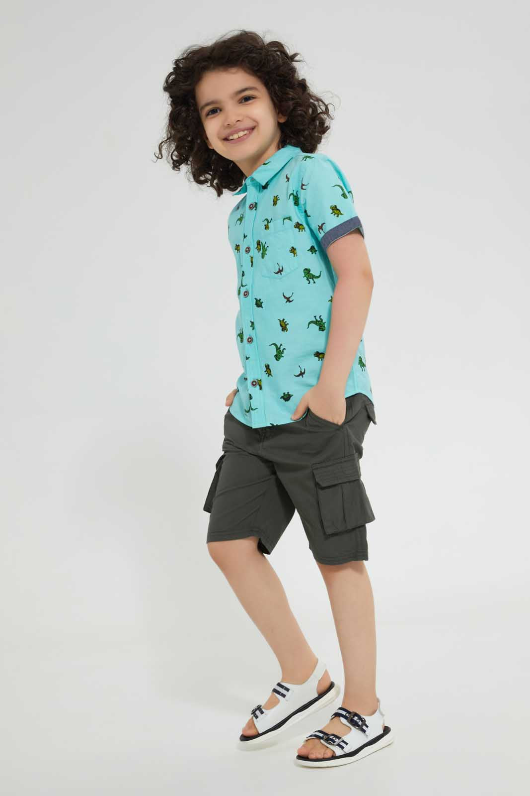 Redtag-Light-Blue-Dino-Aop-Short-Sleeve-Shirt-Casual-Shirts-Boys-2 to 8 Years