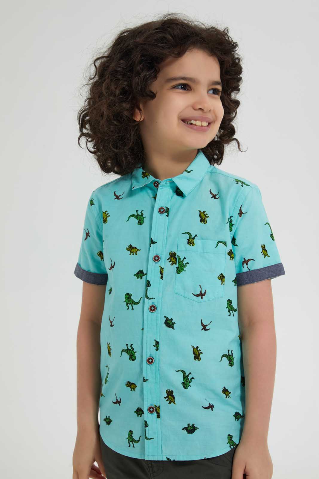Redtag-Light-Blue-Dino-Aop-Short-Sleeve-Shirt-Casual-Shirts-Boys-2 to 8 Years