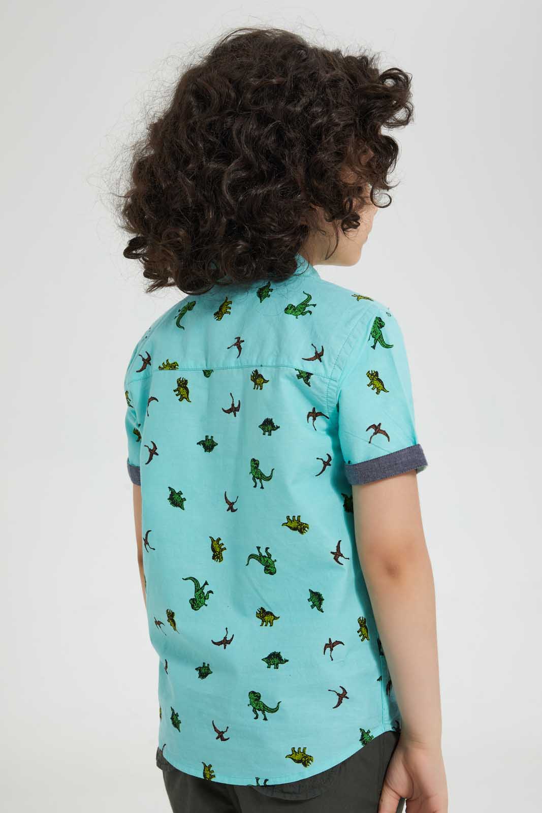 Redtag-Light-Blue-Dino-Aop-Short-Sleeve-Shirt-Casual-Shirts-Boys-2 to 8 Years