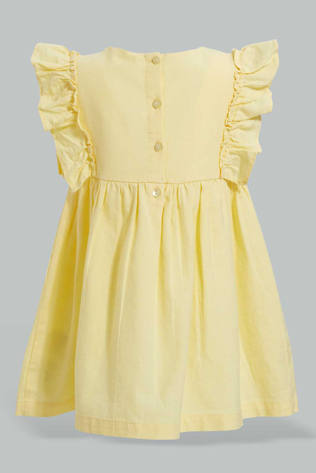 Redtag-Yellow-Smocking-Yoke-Flutter-Sleeves-Dress-Dresses-Infant-Girls-3 to 24 Months