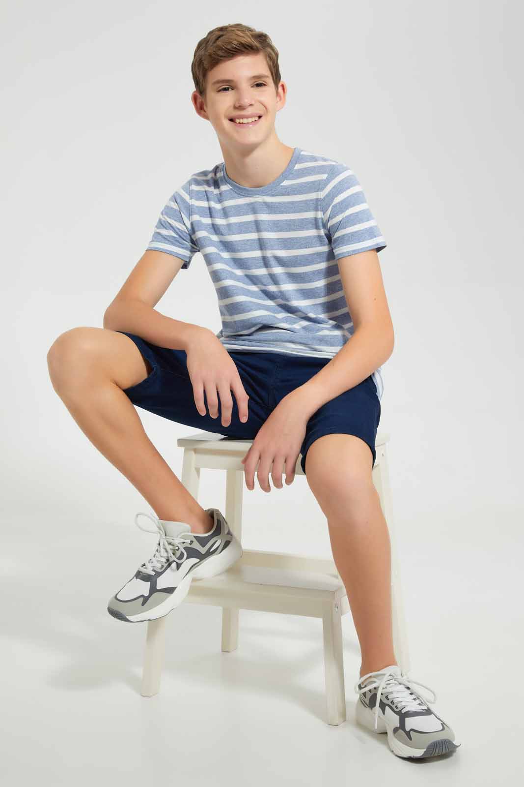 Redtag-Blue-Stripe-Keyshape-T-Shirt-Plain-T-Shirts-Senior-Boys-9 to 14 Years