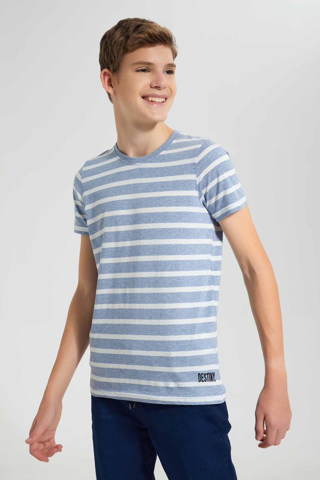 Redtag-Blue-Stripe-Keyshape-T-Shirt-Plain-T-Shirts-Senior-Boys-9 to 14 Years