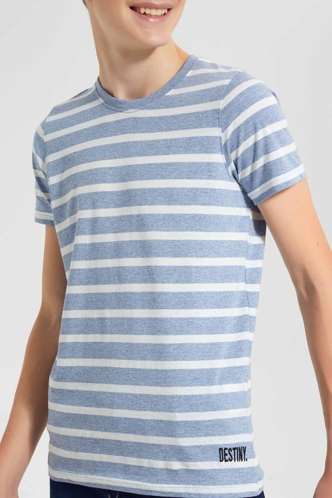 Redtag-Blue-Stripe-Keyshape-T-Shirt-Plain-T-Shirts-Senior-Boys-9 to 14 Years