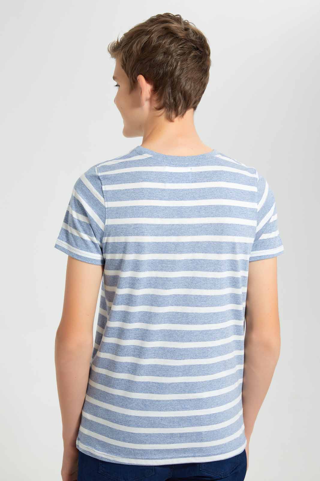 Redtag-Blue-Stripe-Keyshape-T-Shirt-Plain-T-Shirts-Senior-Boys-9 to 14 Years