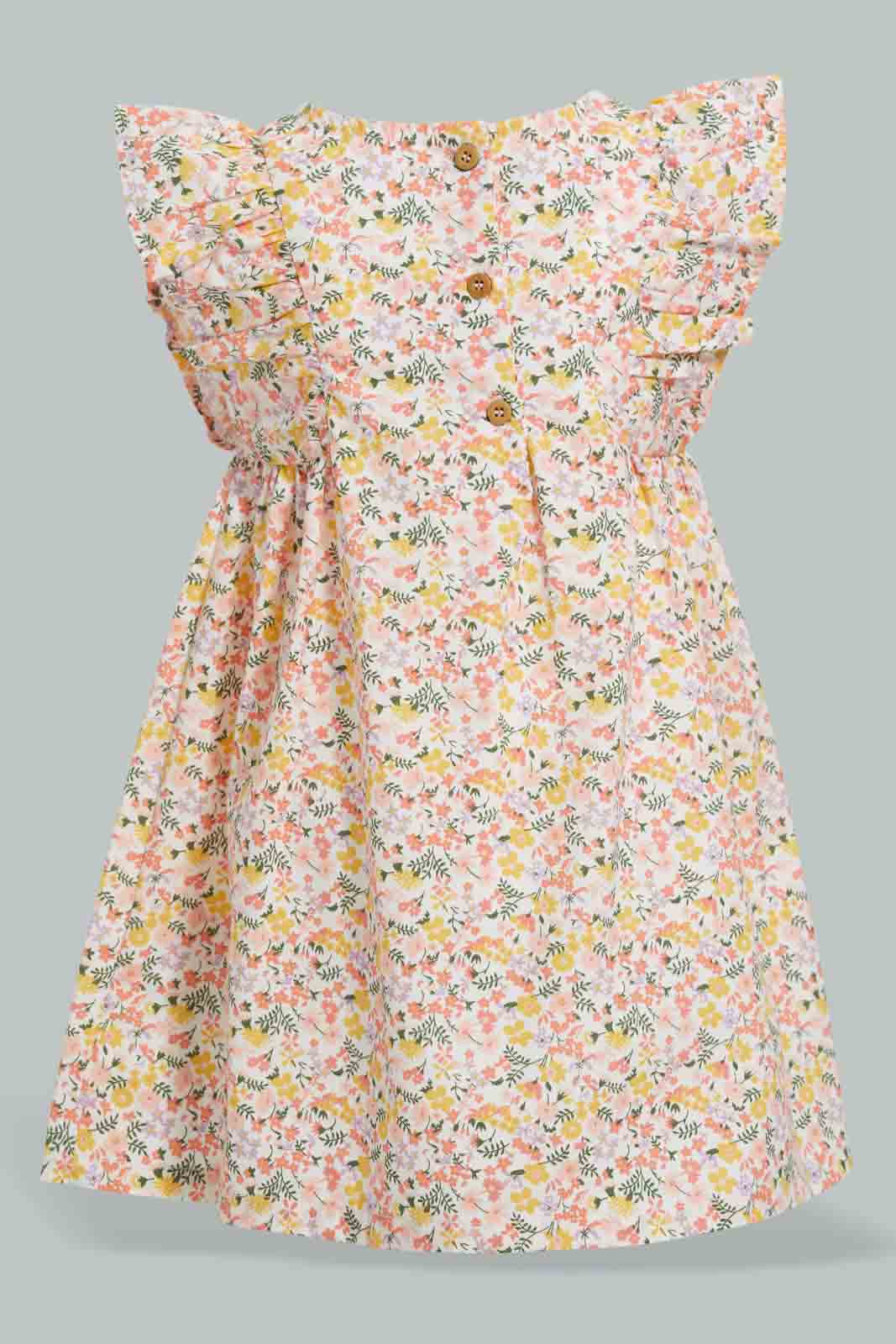 Redtag-Multi-Colour-Floral-Printed-Flutter-Sleeves-Dress-Dresses-Infant-Girls-3 to 24 Months