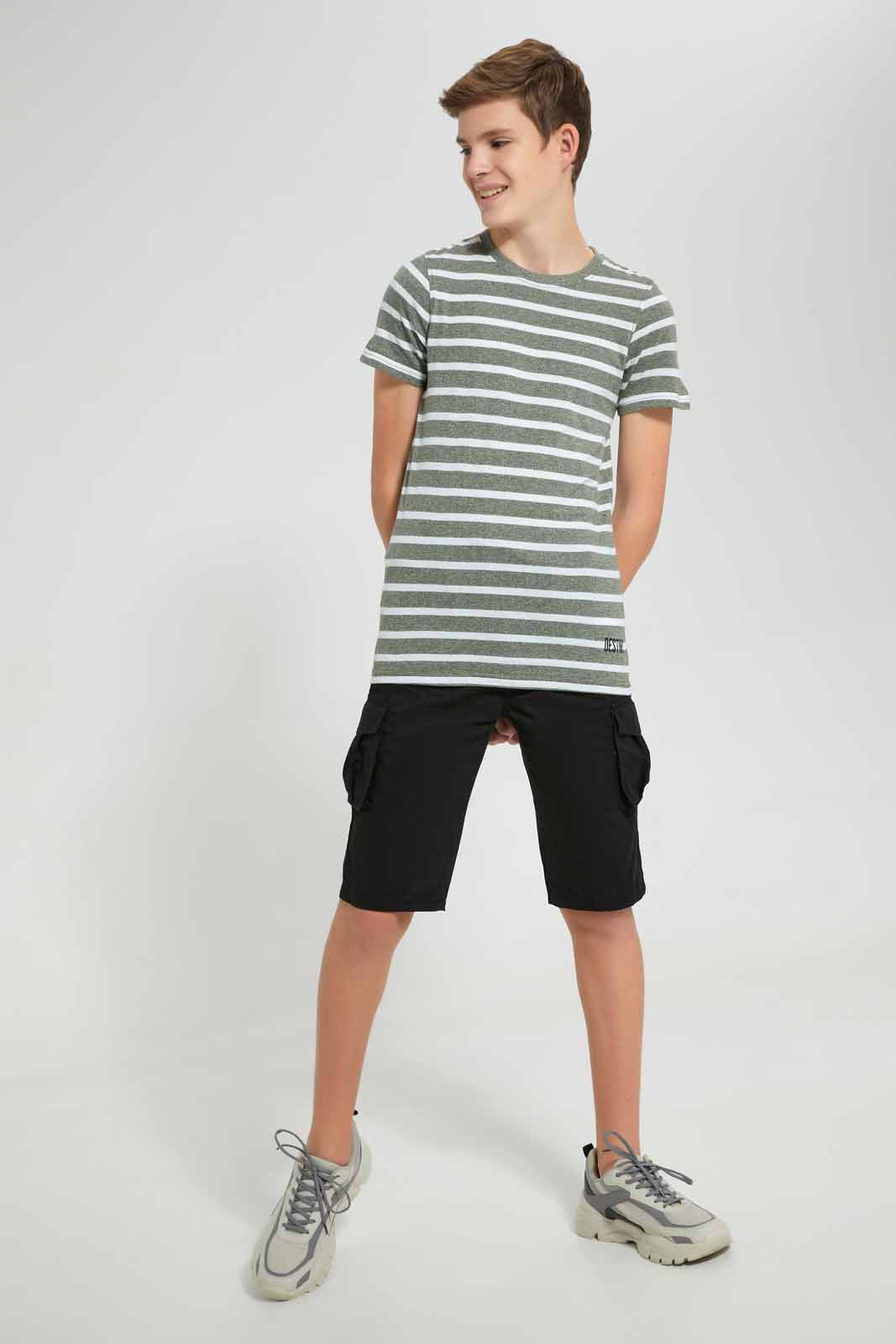 Redtag-Olive-Stripe-Keyshape-T-Shirt-Plain-T-Shirts-Senior-Boys-9 to 14 Years