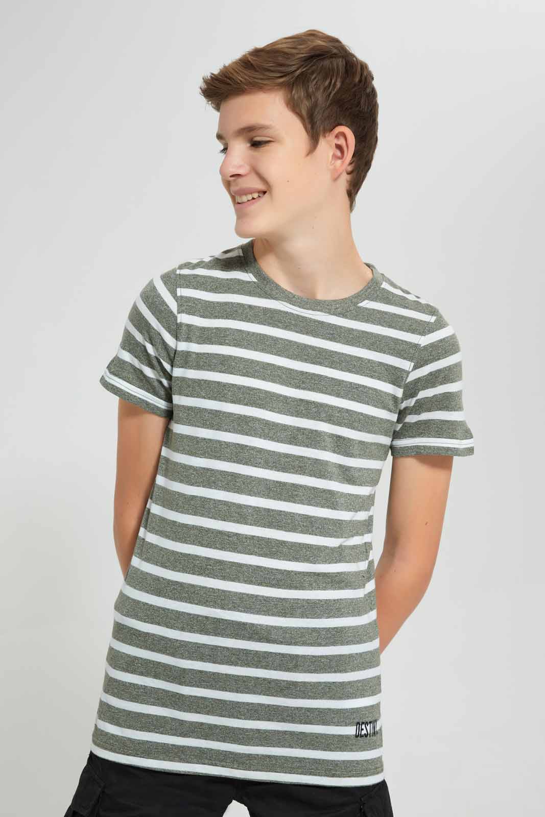 Redtag-Olive-Stripe-Keyshape-T-Shirt-Plain-T-Shirts-Senior-Boys-9 to 14 Years