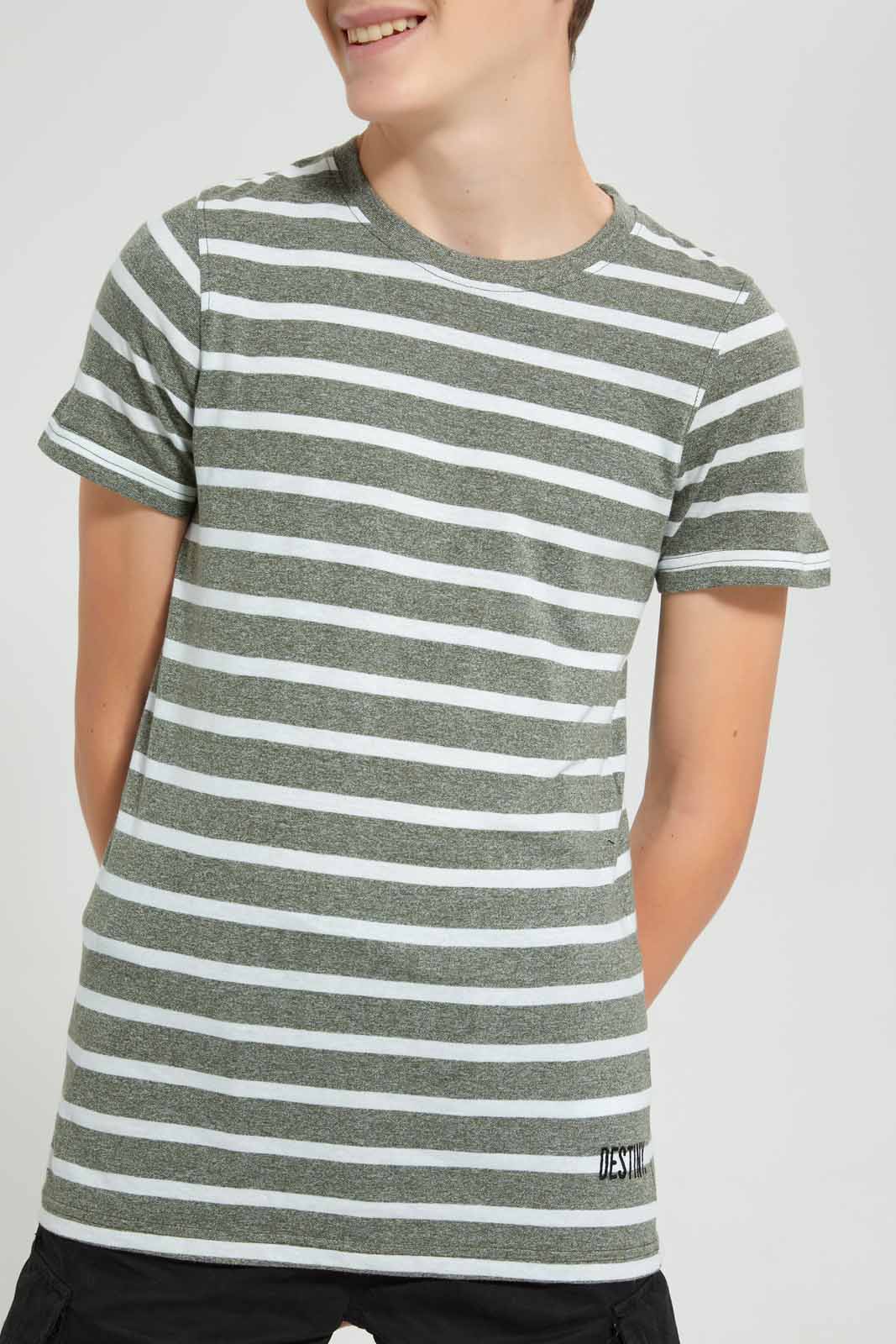 Redtag-Olive-Stripe-Keyshape-T-Shirt-Plain-T-Shirts-Senior-Boys-9 to 14 Years