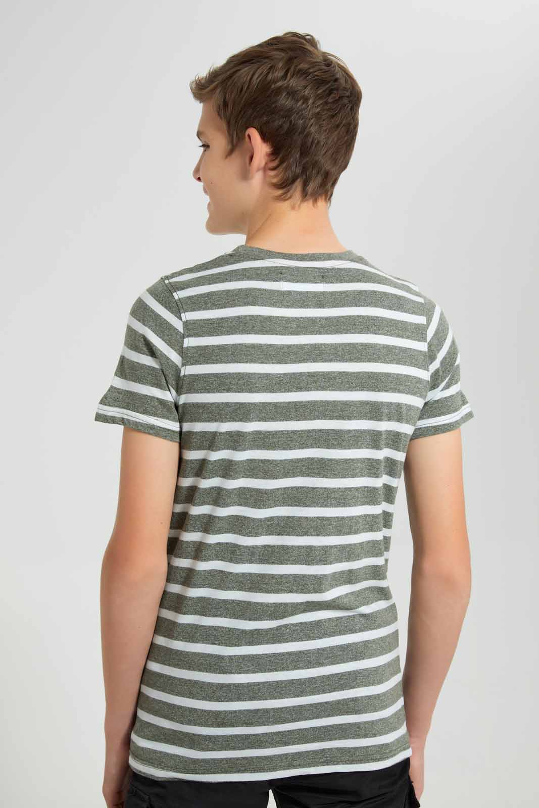 Redtag-Olive-Stripe-Keyshape-T-Shirt-Plain-T-Shirts-Senior-Boys-9 to 14 Years