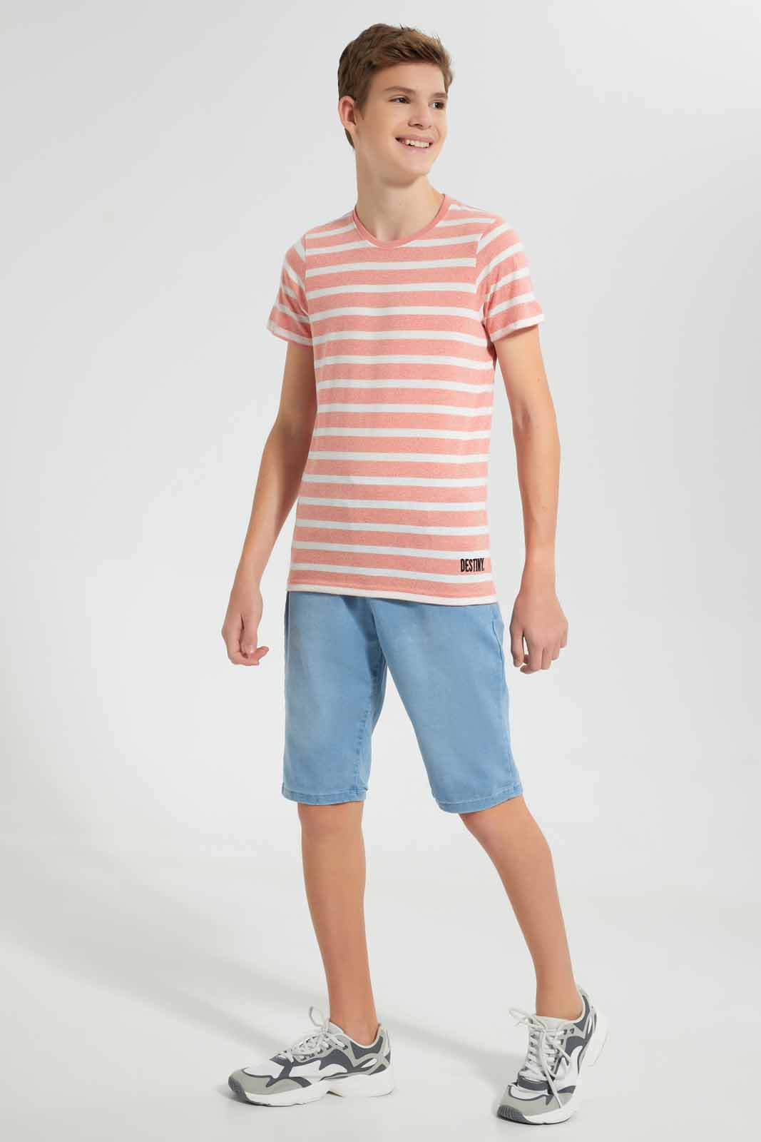 Redtag-Red-Stripe-Keyshape-T-Shirt-Plain-T-Shirts-Senior-Boys-9 to 14 Years