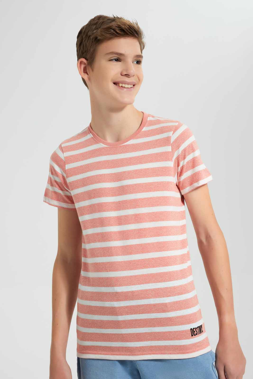 Redtag-Red-Stripe-Keyshape-T-Shirt-Plain-T-Shirts-Senior-Boys-9 to 14 Years