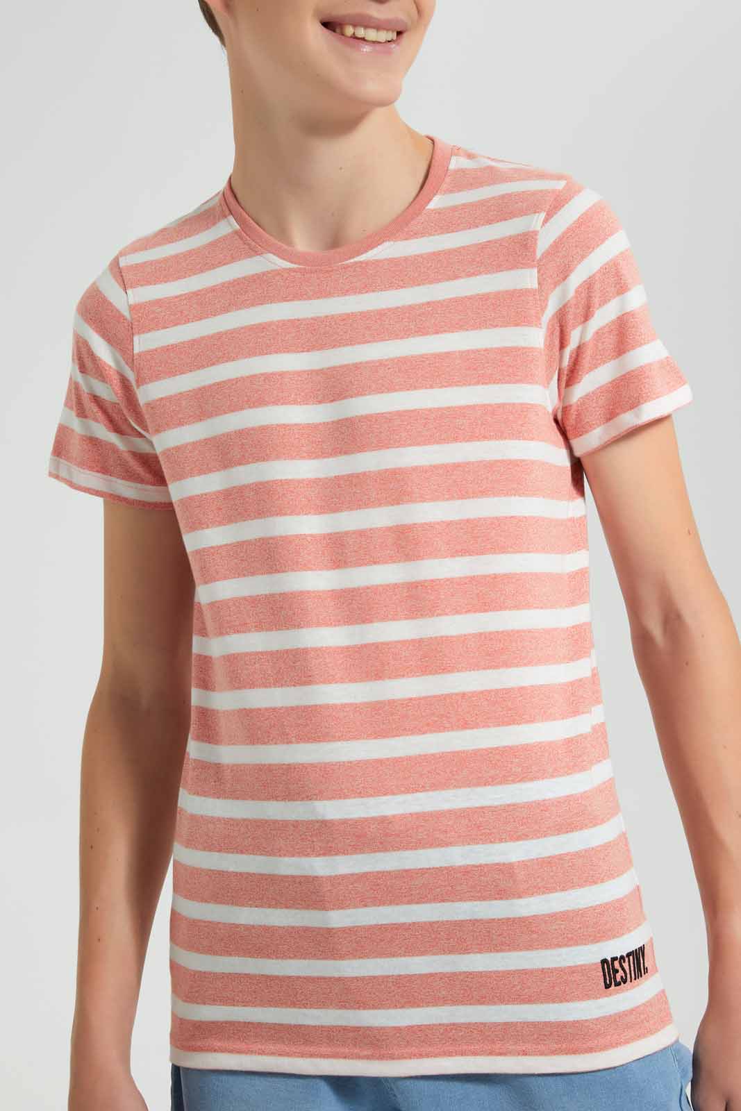 Redtag-Red-Stripe-Keyshape-T-Shirt-Plain-T-Shirts-Senior-Boys-9 to 14 Years
