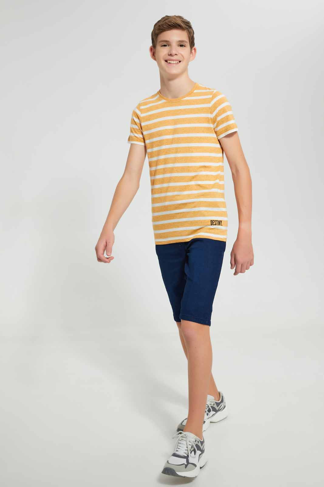 Redtag-Mustard-Stripe-Keyshape-T-Shirt-Plain-T-Shirts-Senior-Boys-9 to 14 Years