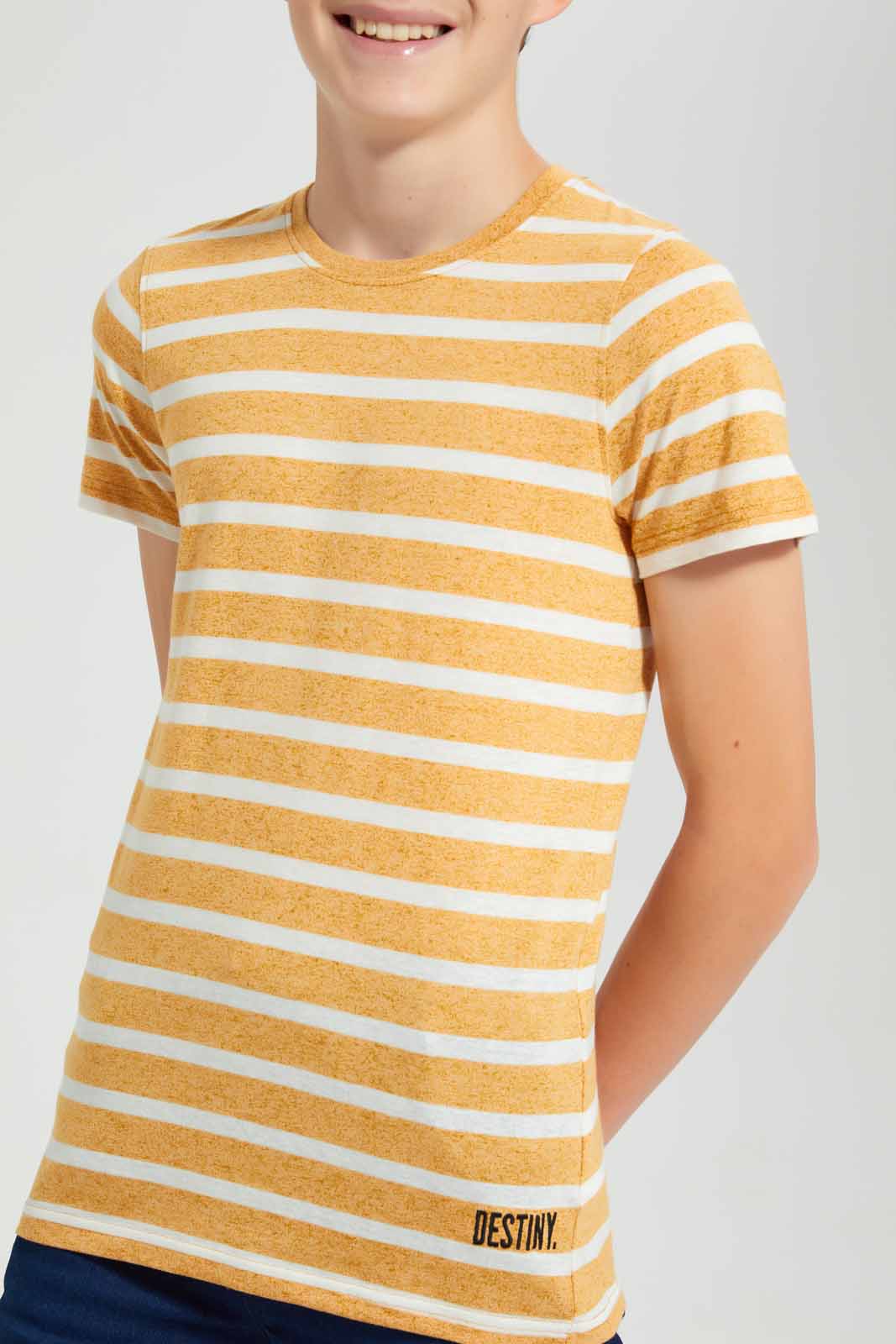 Redtag-Mustard-Stripe-Keyshape-T-Shirt-Plain-T-Shirts-Senior-Boys-9 to 14 Years