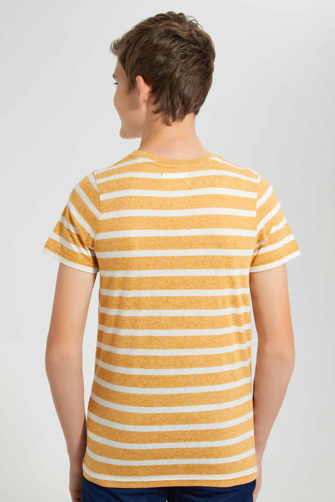 Redtag-Mustard-Stripe-Keyshape-T-Shirt-Plain-T-Shirts-Senior-Boys-9 to 14 Years