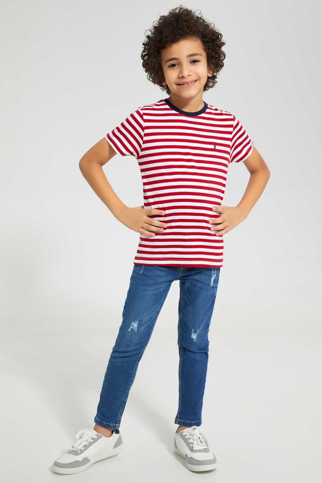 Redtag-2-Pk-Red-And-Yellow-Stripe-T-Shirt-Graphic-T-Shirts-Boys-2 to 8 Years