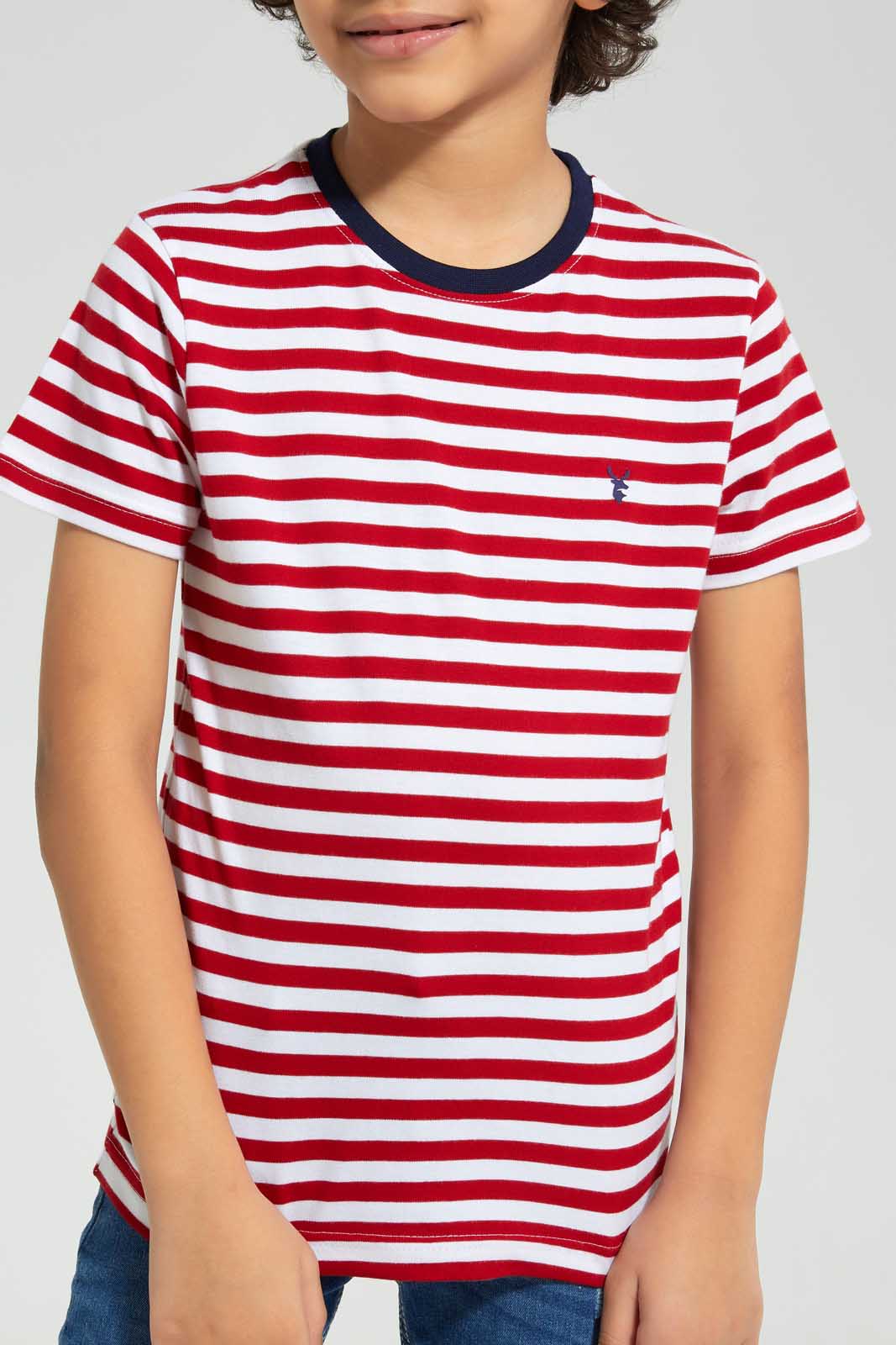 Redtag-2-Pk-Red-And-Yellow-Stripe-T-Shirt-Graphic-T-Shirts-Boys-2 to 8 Years