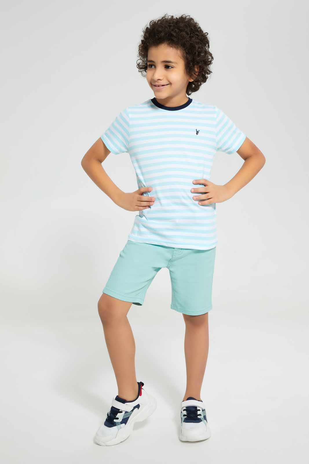 Redtag-2-Pk-Navy-And-Mint-Stripe-T-Shirt-Graphic-T-Shirts-Boys-2 to 8 Years