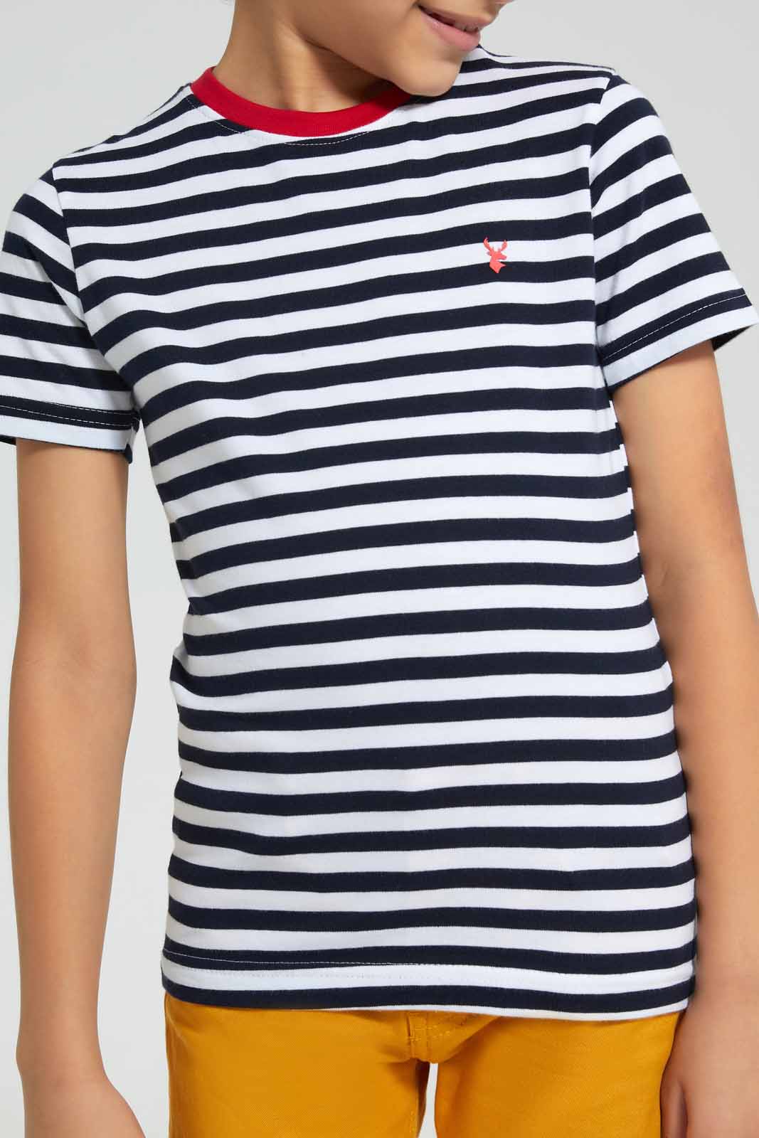 Redtag-2-Pk-Navy-And-Mint-Stripe-T-Shirt-Graphic-T-Shirts-Boys-2 to 8 Years