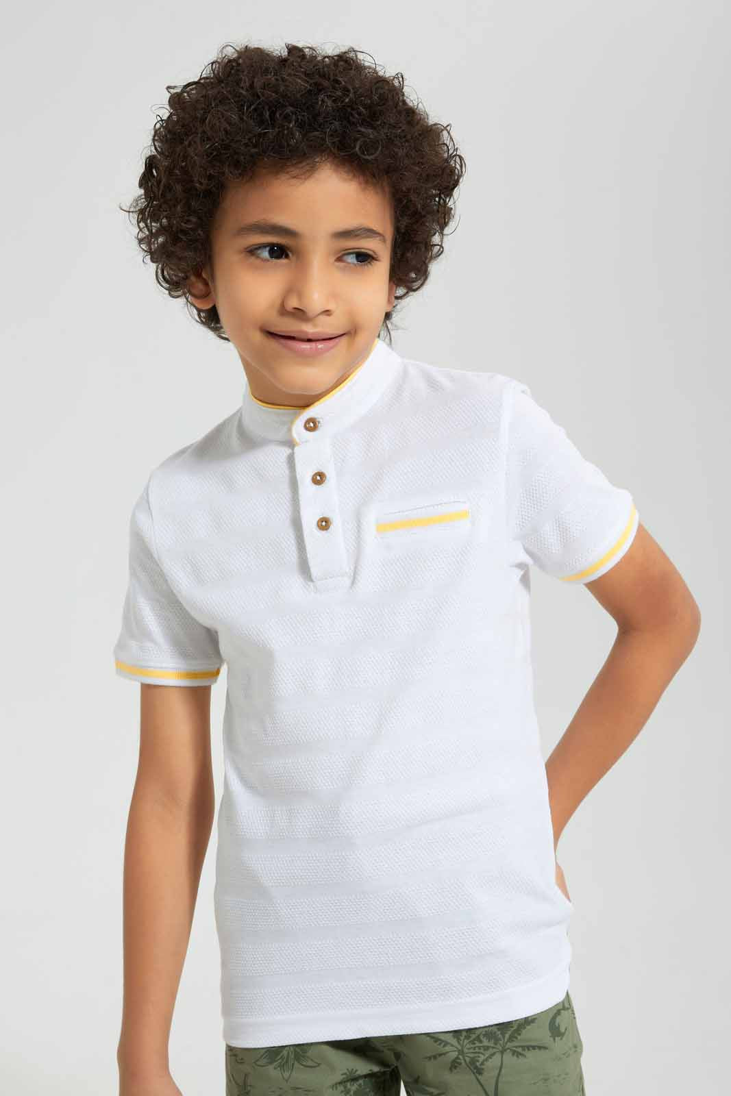 Redtag-White-Jacquard-Collar-Stand-Polo-Polo-Shirts-Boys-2 to 8 Years