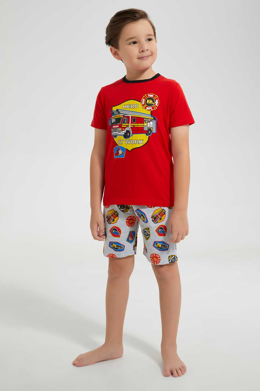 Redtag-Red-Engine-Print--T-Shirt-And-Short-Pyjama--Set-Pyjama-Sets-Boys-2 to 8 Years