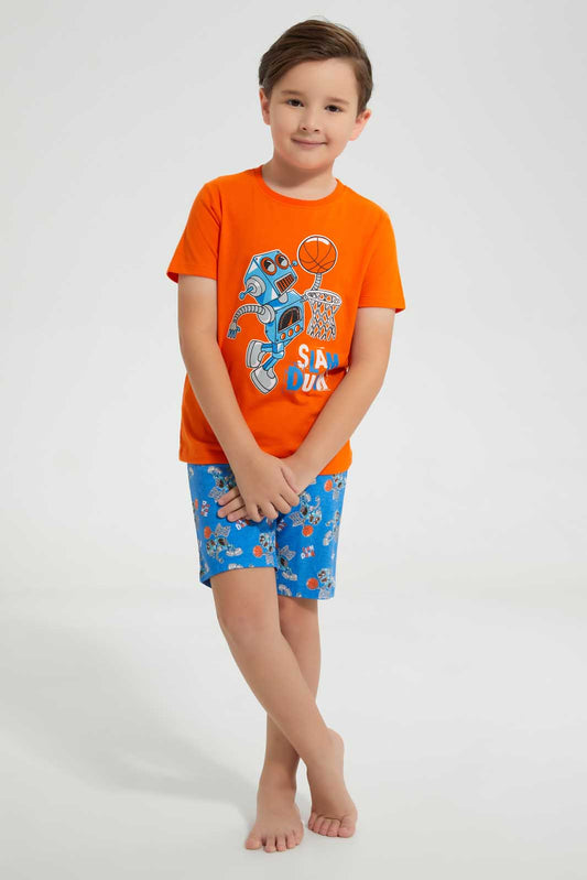 Redtag-Orange-Robot-Print-T-Shirt-And-Short-Pyjama-Set-Pyjama-Sets-Boys-2 to 8 Years