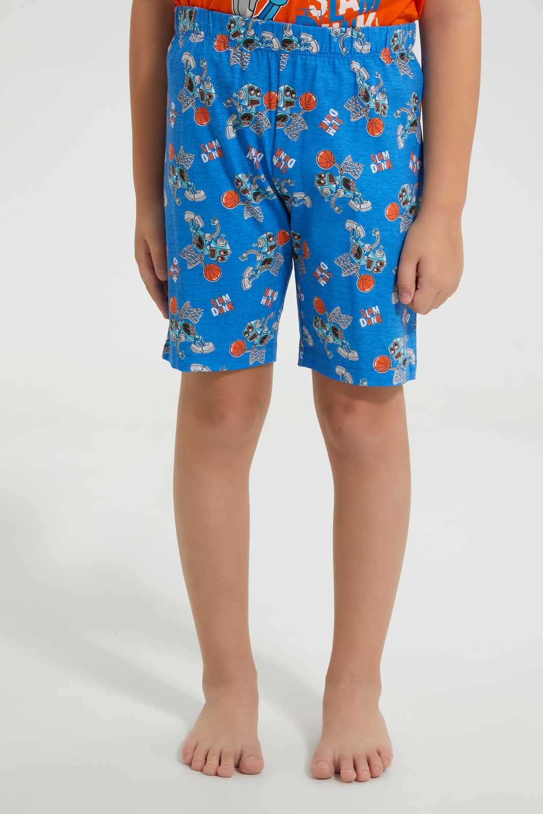 Redtag-Orange-Robot-Print-T-Shirt-And-Short-Pyjama-Set-Pyjama-Sets-Boys-2 to 8 Years