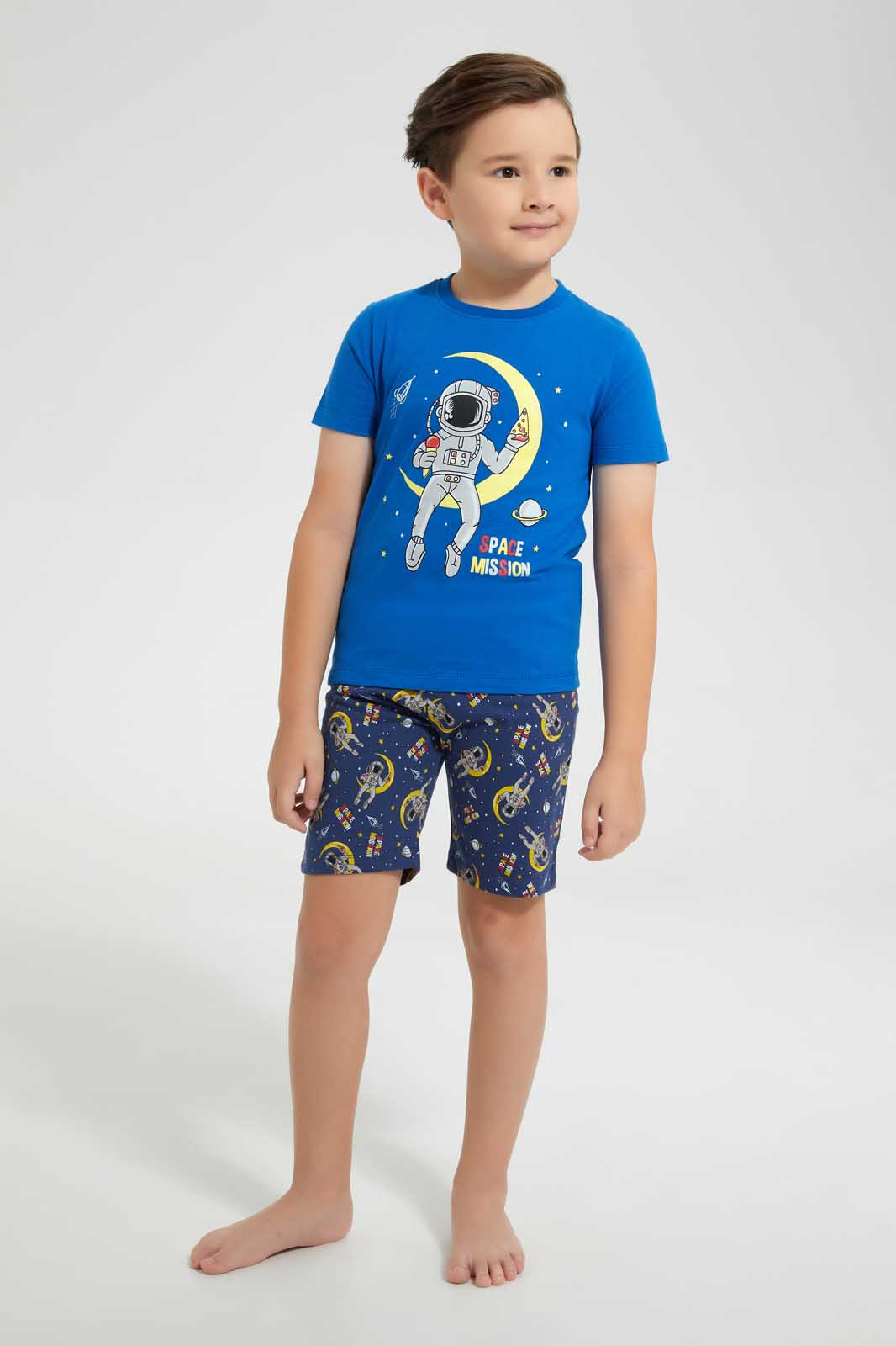 Redtag-Navy-Spaceman-Print-T---Shirt-And-Short-Pyjama-Set-Pyjama-Sets-Boys-2 to 8 Years