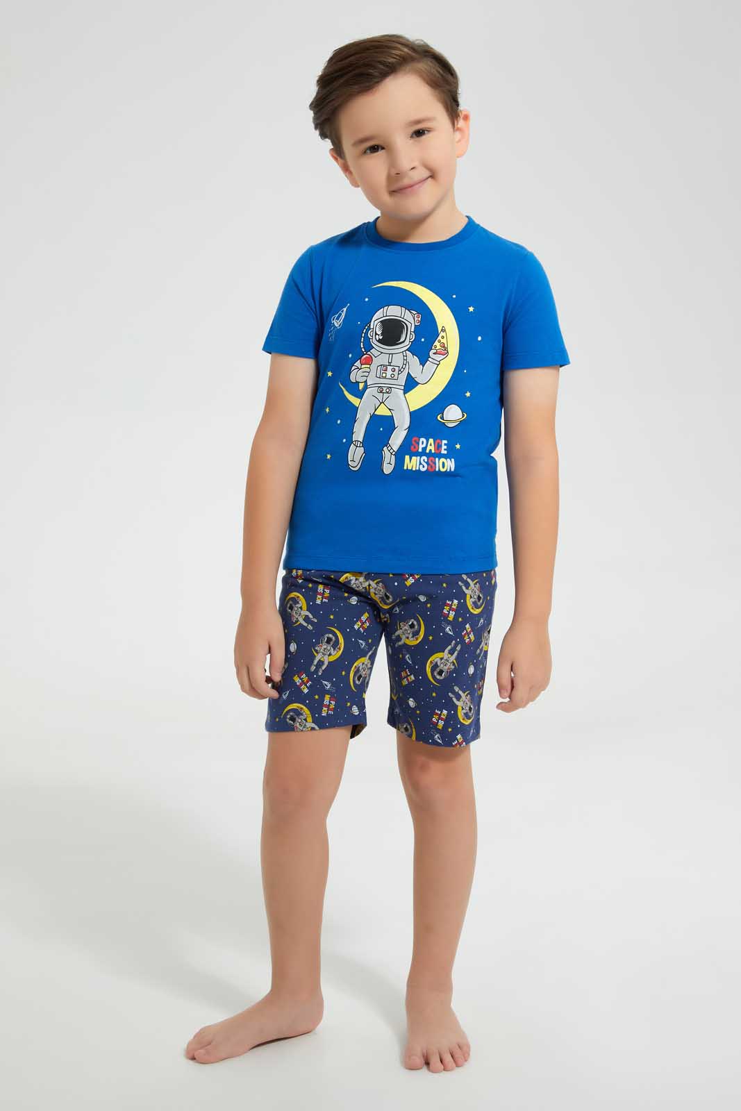 Redtag-Navy-Spaceman-Print-T---Shirt-And-Short-Pyjama-Set-Pyjama-Sets-Boys-2 to 8 Years