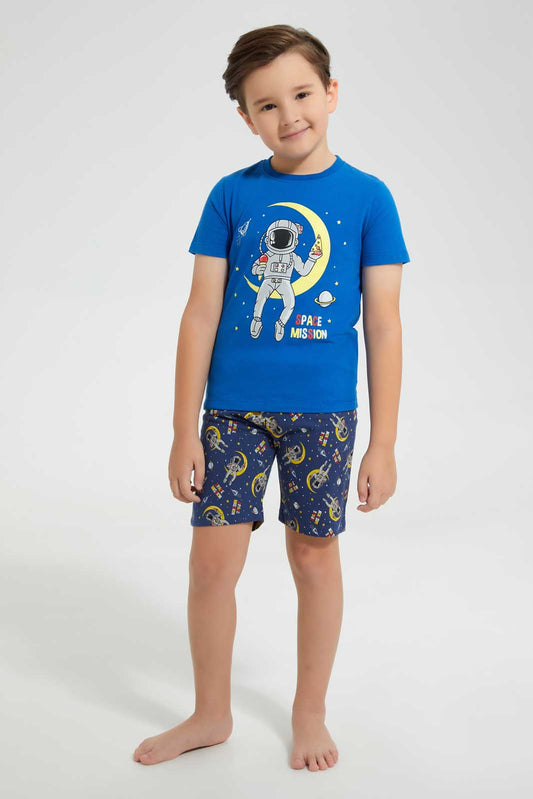 Redtag-Navy-Spaceman-Print-T---Shirt-And-Short-Pyjama-Set-Pyjama-Sets-Boys-2 to 8 Years