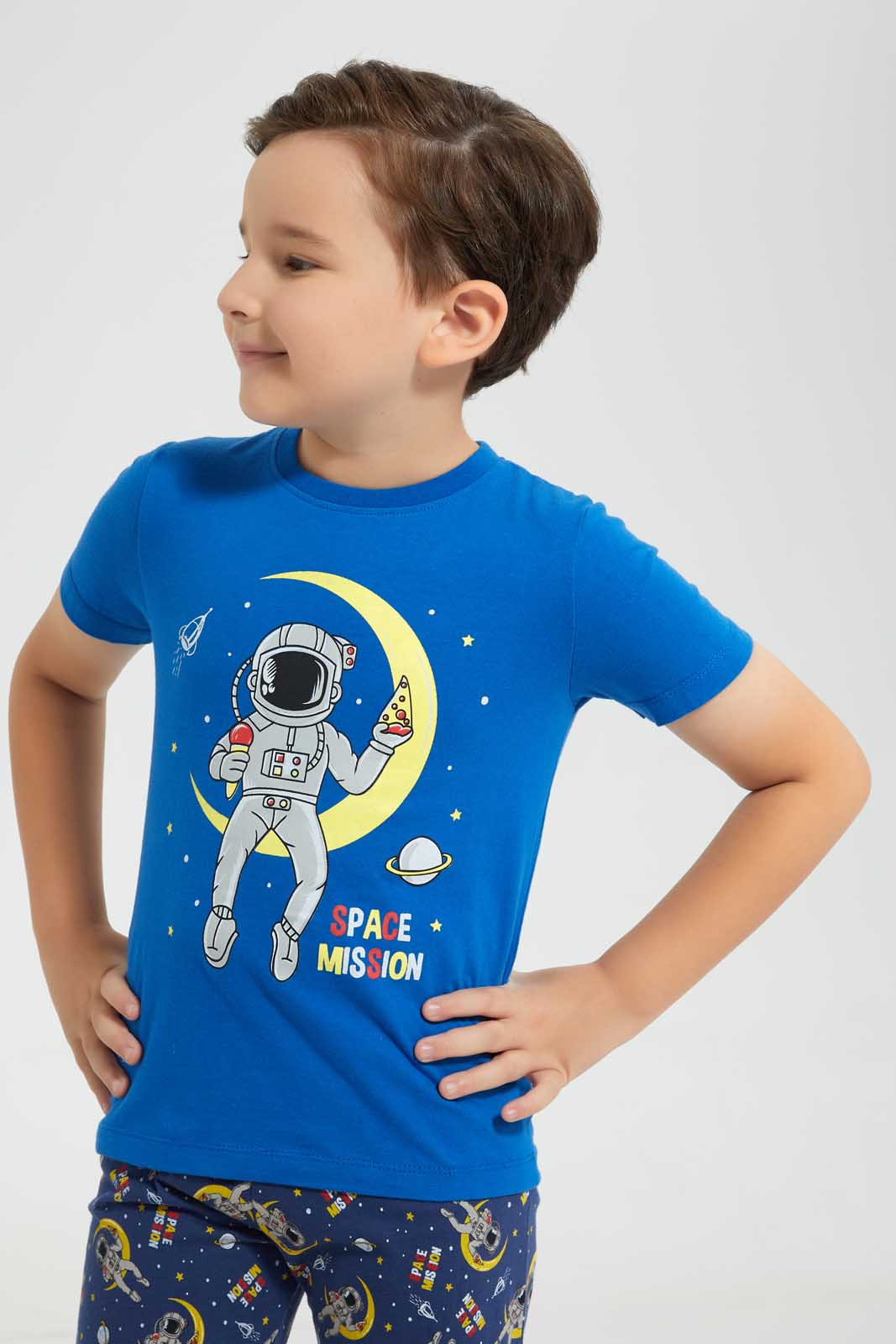 Redtag-Navy-Spaceman-Print-T---Shirt-And-Short-Pyjama-Set-Pyjama-Sets-Boys-2 to 8 Years