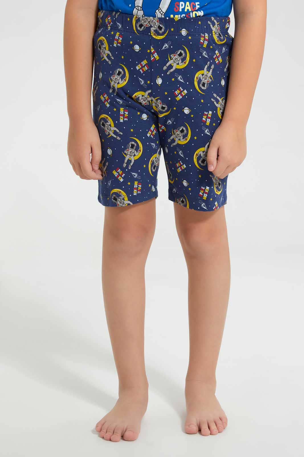 Redtag-Navy-Spaceman-Print-T---Shirt-And-Short-Pyjama-Set-Pyjama-Sets-Boys-2 to 8 Years